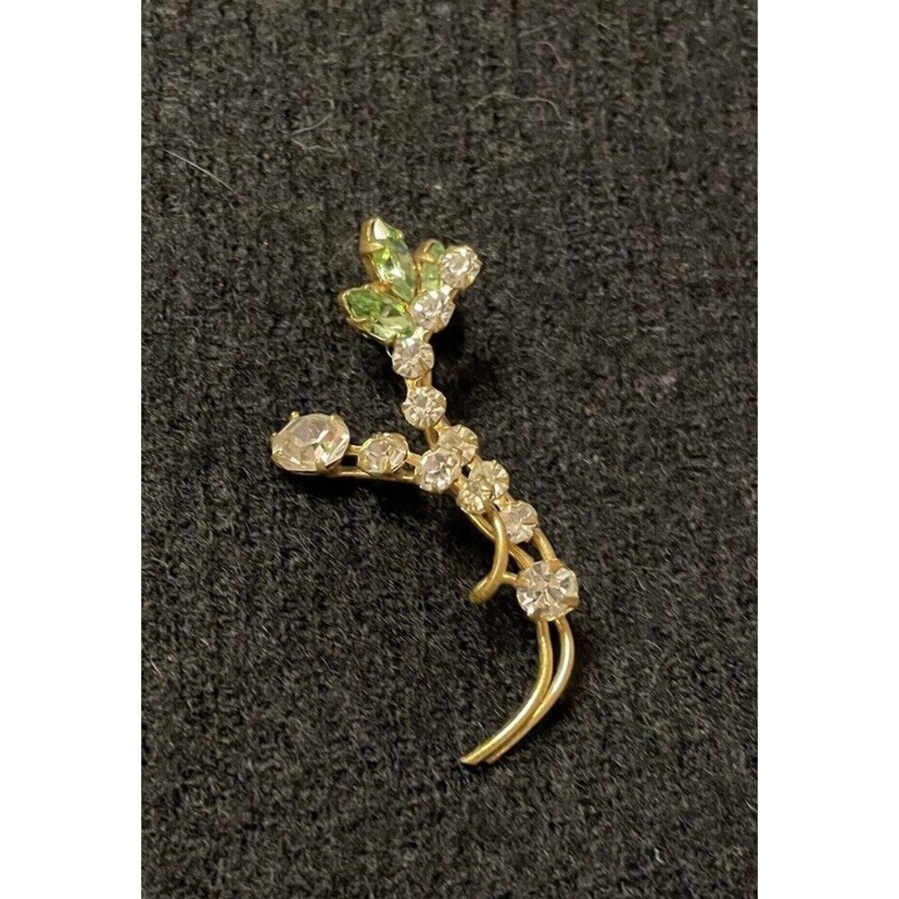 Vintage Brooch Gold Tone Green Clear Rhinestone Stick Abstract Unmarked